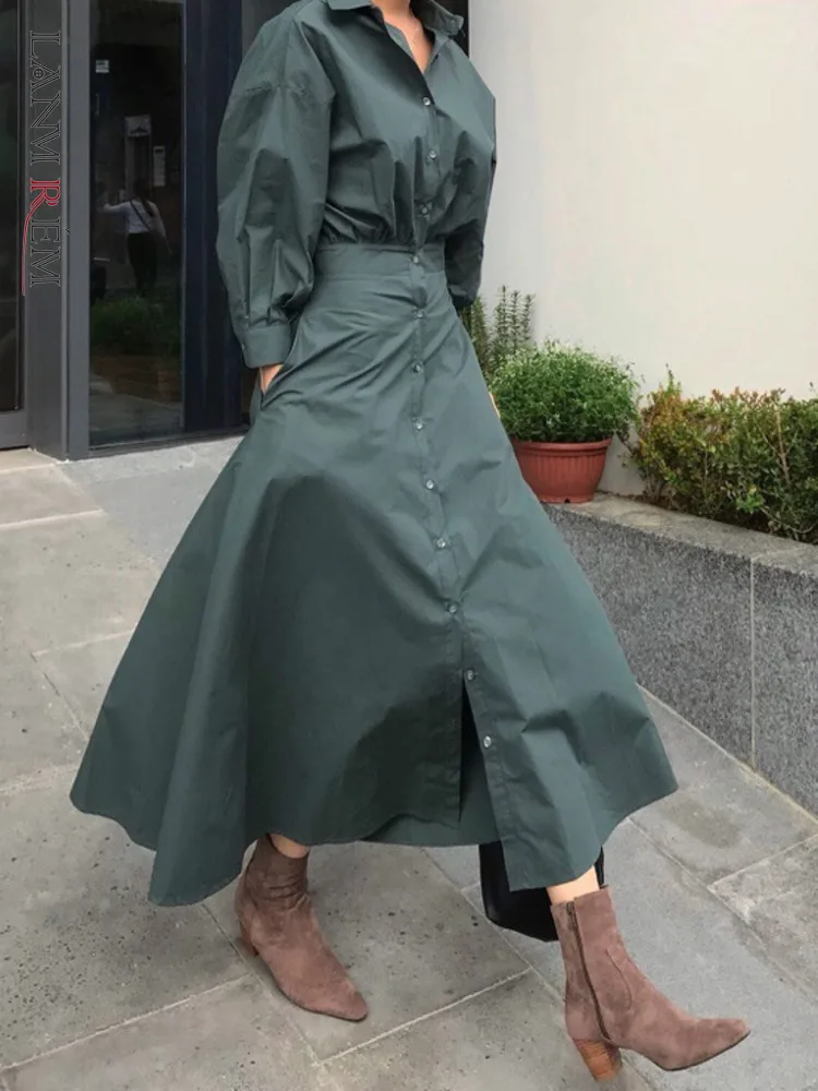 LANMREM Retro Designer Dress For Women Solid Color Lapel Single Breasted Puff Sleeves Dresses Female Clothing 2024 New 2YA1148