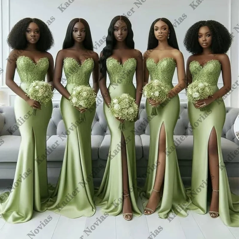 

Long Mermaid Green Wedding Guest Dress Elegant Bridesmaid Dresses with Split Summer Graduation Prom Evening Vestidos