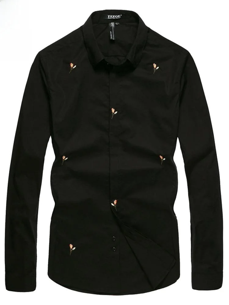 Yezoe Men's Long Sve irt Youthful Casual Bla Korean Sle Embroidery Slim Fit Cotton Busin Gentleman Autumn irt