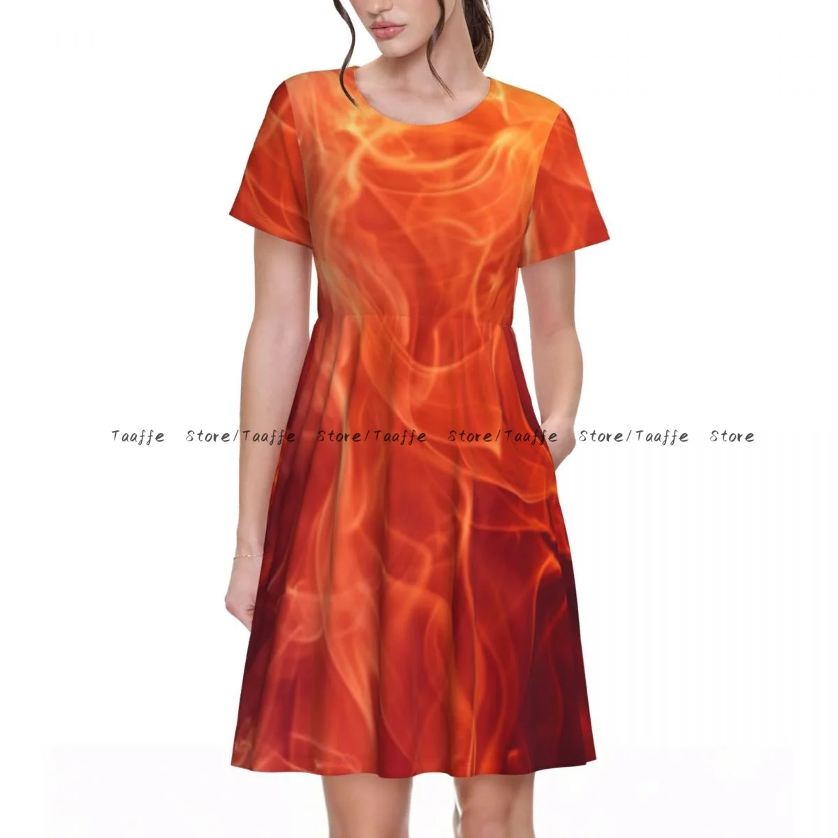Summer Women's Short Sleeve Waist Dress Women Abstract Fire Round Neck Casual Dress