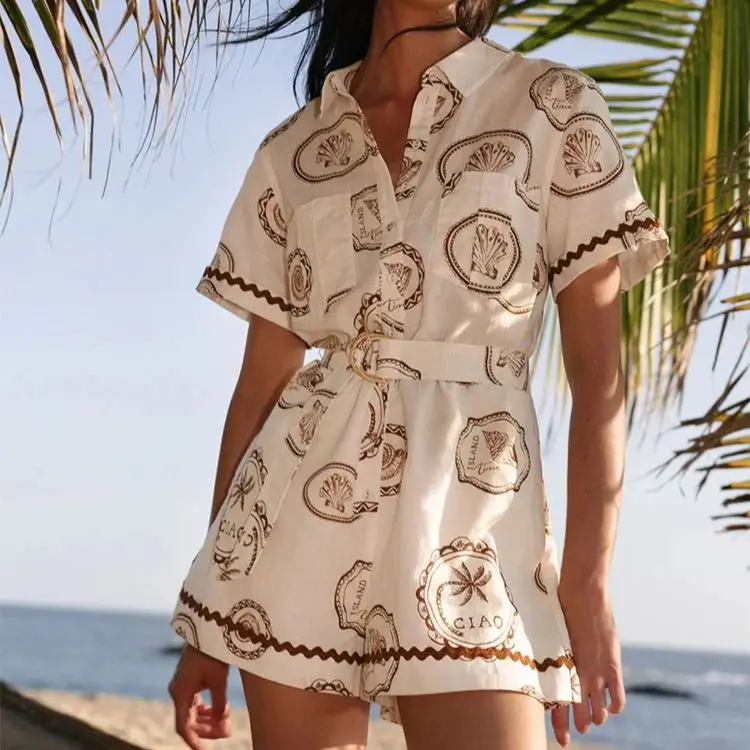 Women Retro Print fashion Jumpsuit Turn-down Collar Short Sleeve Single Breasted Casual Rompers with belt