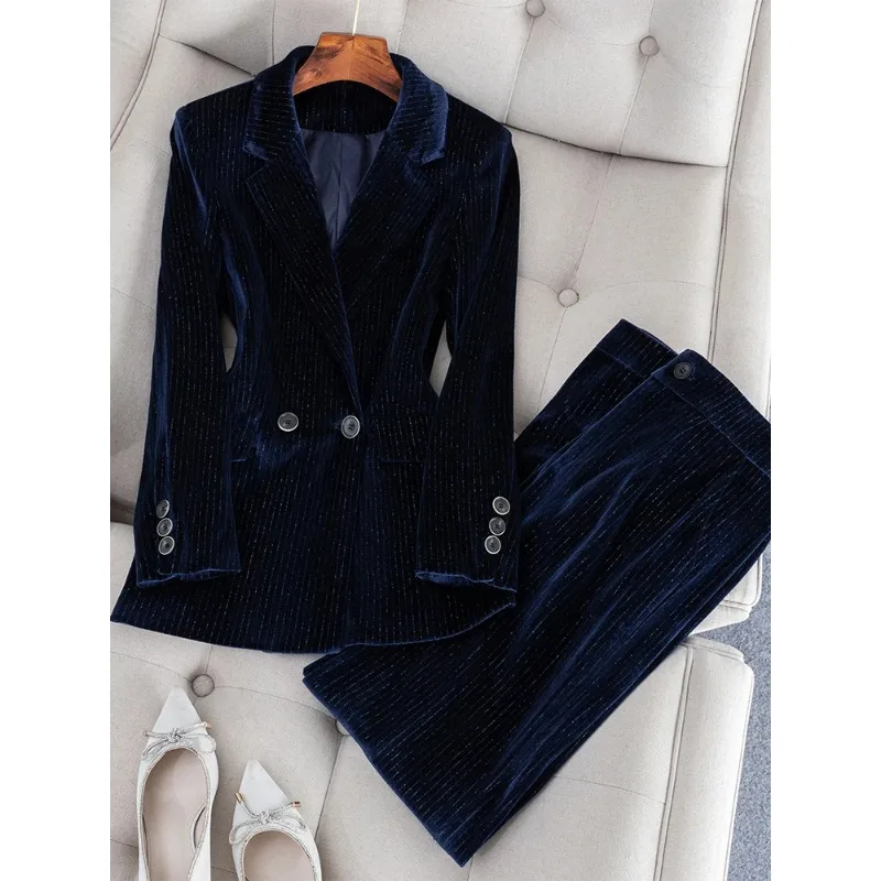 Blazer de veludo e calça feminina, conjunto formal de 2 peças, roupa de trabalho de negócios, vermelho, azul, listra verde, jaqueta para senhoras, outono, inverno