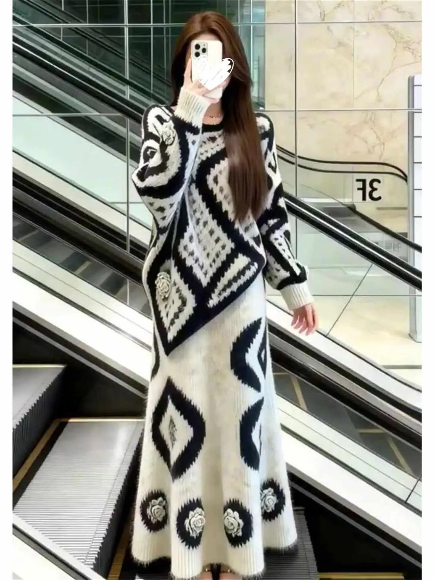 

Ele Casual Bla White Contrast Geometric Flower Embroidery Knitted Top Women Spring Long Sve Two Piece Set Faion