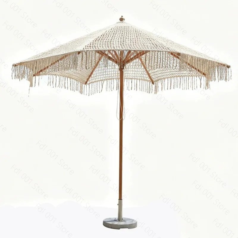Bohemia Cotton Rope Parasols 2.5M Wooden Pole Handmade Tassels Woven Canopy Beach Umbrella With Macrame Fringe