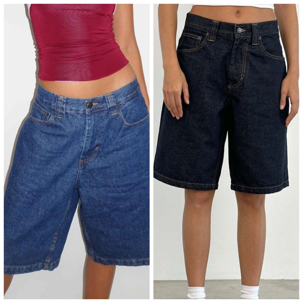 New Fashion Womens Knee Length Denim Shorts Loose Solid Color Low Rise Wide Leg Long Shorts With Pockets For Summer