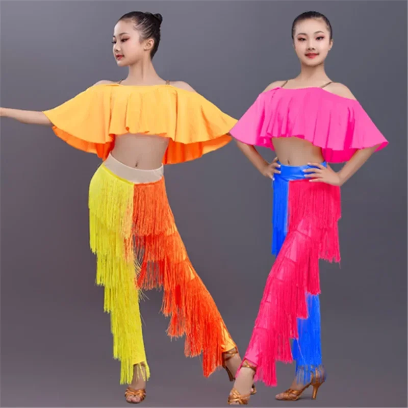 ใหม่เต้นรําละตินเสื้อผ้าชุดสาวสีเหลือง Cropped Tops Fringed กางเกงชุดเด็กชุดการแข่งขันเครื่องแต่งกาย