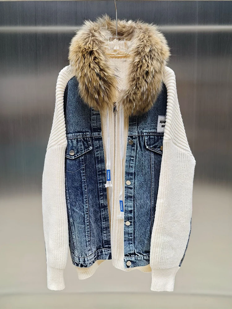 2025 Women Autumn Luxury Real Raccoon Fur Collar Hoodie Knitting Thick Denim Cloth Sweater Hooded Coat