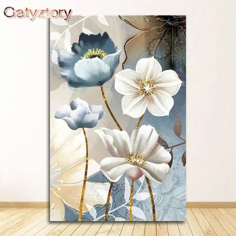 

GATYZTORY DIY Painting By Numbers With Frame Blue White Flower Oil Painting HandPainted Home Decor Diy Gift Drawing On Canvas