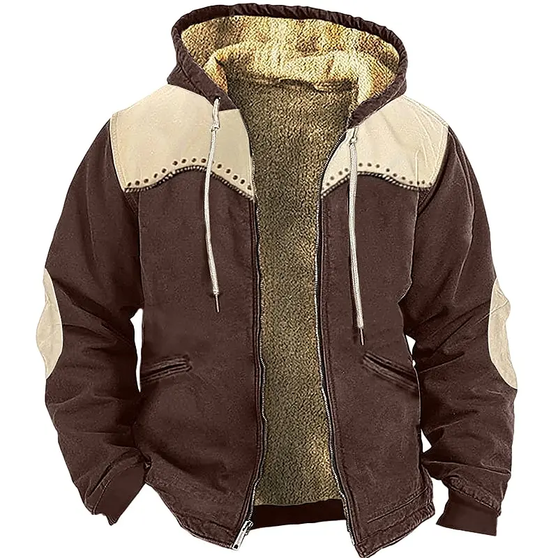Men's Zipper Hoodies Winter Fleece Parka Coats Splicing Solid Color Jackets Daily Sweatshirts Outerwear Hooded Zip-up Overcoat