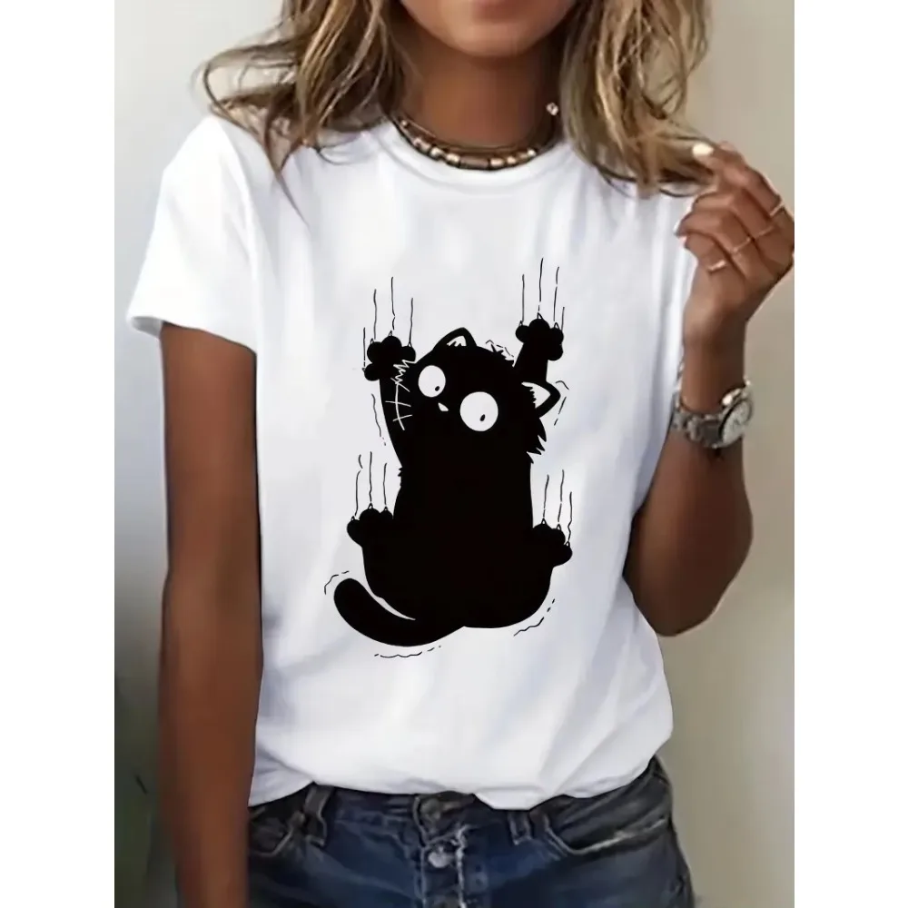 

Women's Funny Climb Cute Cat Design Print T-shirt Short Sleeve Crew Neck Casual All Season Women's Clothing Top Tee Cotton