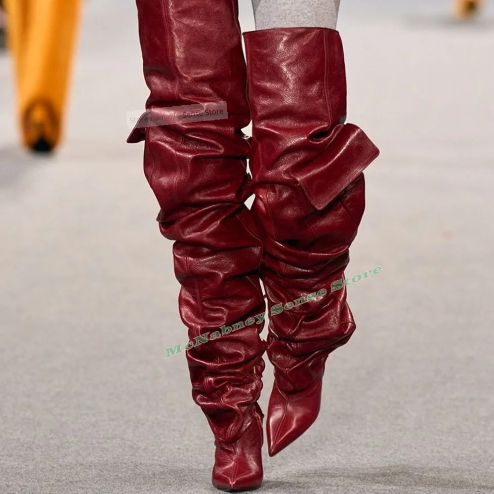 

Плиссированные высокие сапоги до бедра с острым носком на танкетке, однотонные кожаные длинные сапоги без шнуровки с эластичными карманами, женская сексуальная стильная осенняя обувь, дизайн