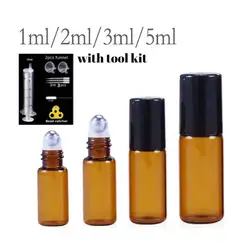 50PCS 1ml 2ml 3ml 5ml 10ml Thin Glass Roll on Bottle Oil Vials with Roller Metal /Glass Ball Sample Test Essential Amber