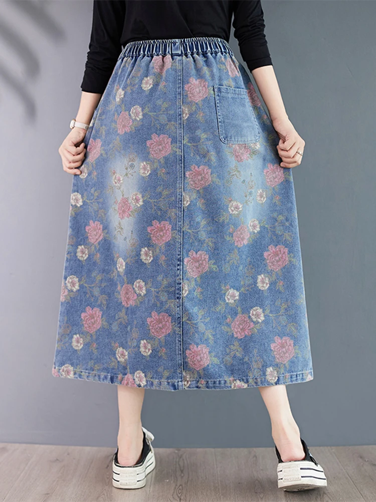 Amax LuluE 2025 Autumn Womens Fashion Elegant Floral Denim Skirts Ladies Casual Vintage Printed Clothes Classic Loose Streetwear