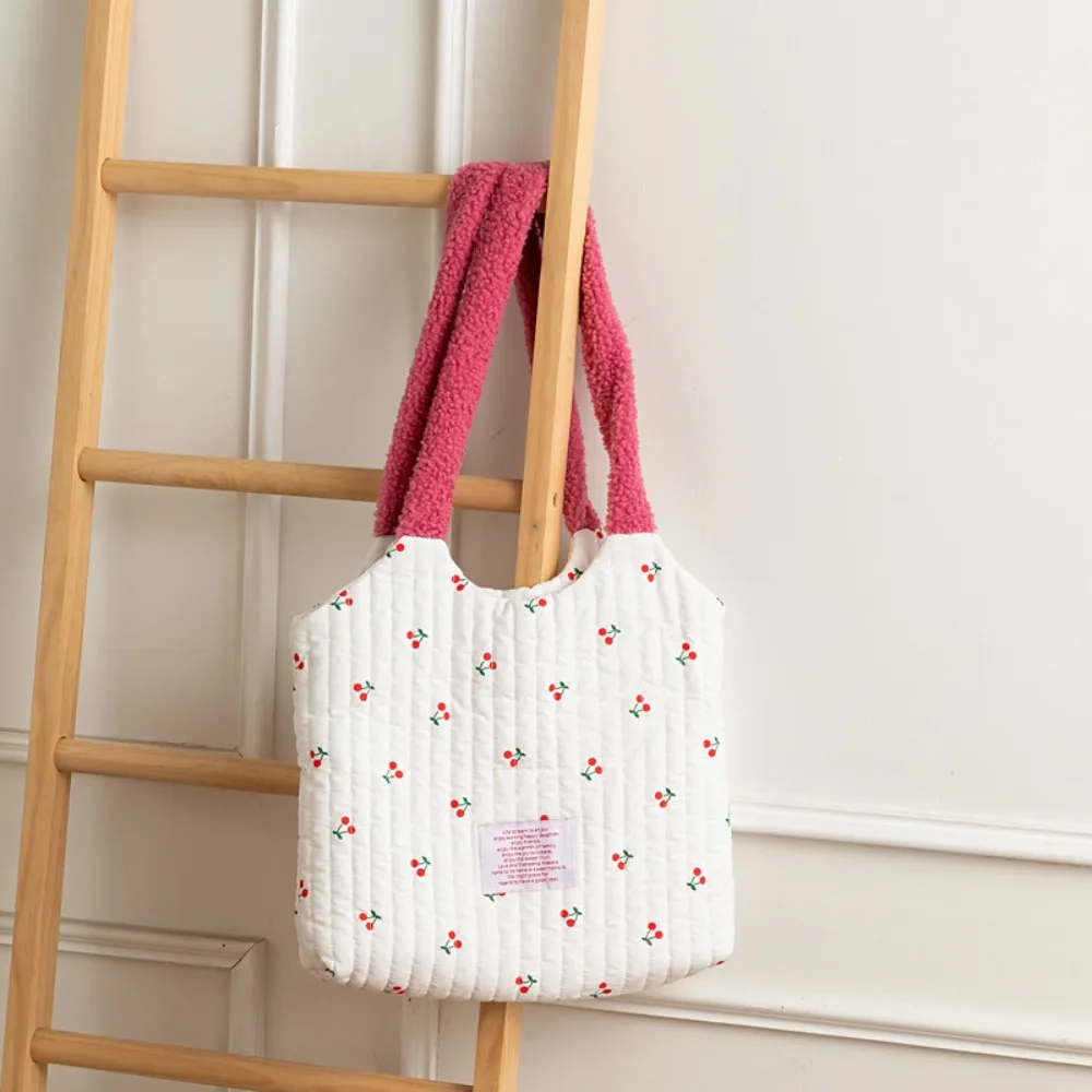 Bolso de hombro blanco con estampado de cereza para mujer, bolsa de algodón de gran capacidad, nuevo