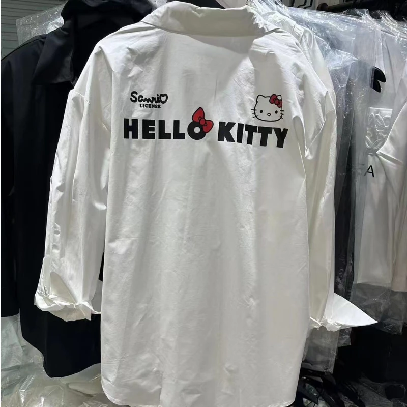 

New 2024 autumn Hello kitty shirt foreign style back lazy loose long sleeve medium long professional casual shirts Women Clothes