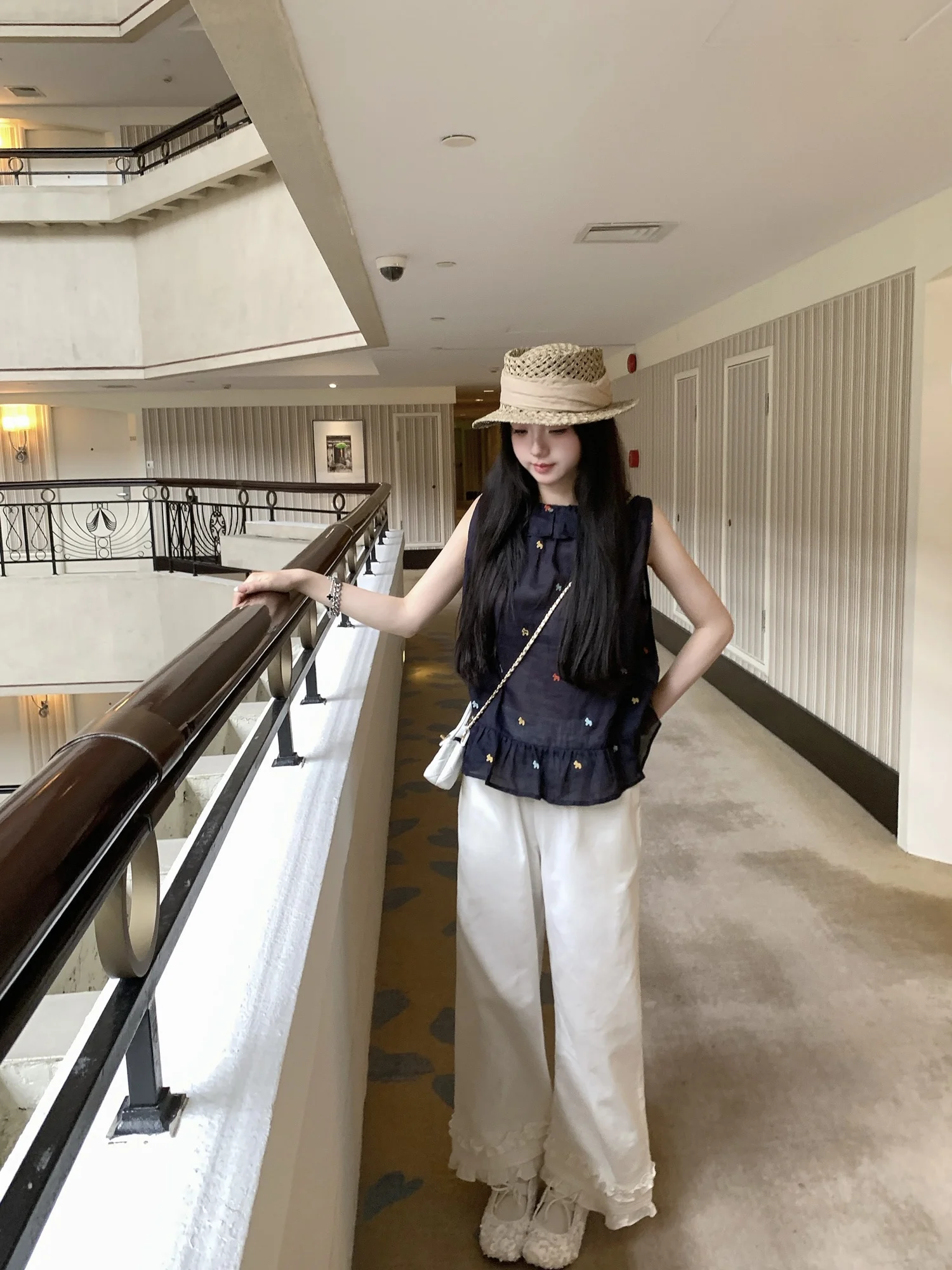 

Брюки из хлопка и льна с высокой талией и кружевным отворотом, свободного кроя, прямые, дышащие, удобные, повседневные, для девочек