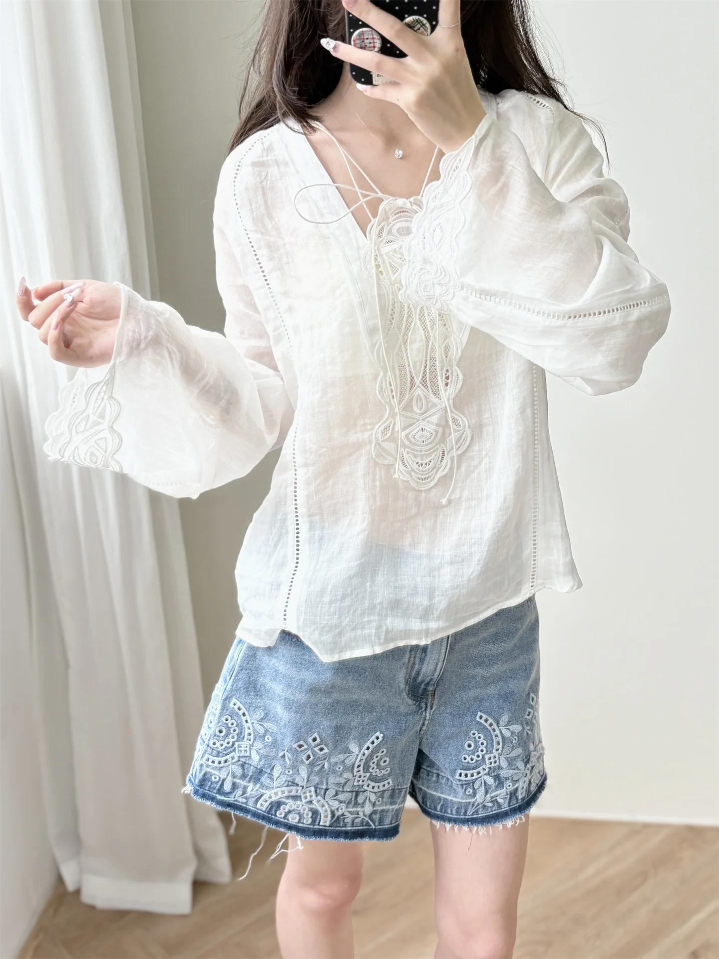 Laid-ba Vaion Sle Long Sve 刺繍入りリネン中空ベルト付きirt レディーストップス カジュアル ルーズフィット レギュラー丈