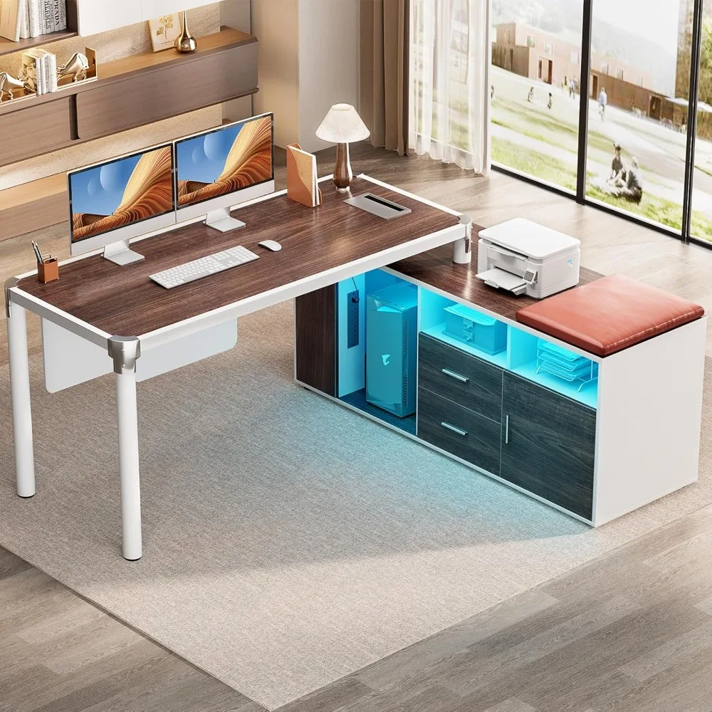 

L Shaped Desk with File Cabinet and Outlet, Reversible Corner Computer Desk with LED Lights, Large Home Office Desk with Drawer