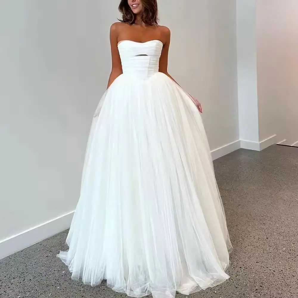 A Line Tulle Bride Wedding Dresses Sweetheart Pleated Long Train Women Formal Party Dress Bridal Gowns 웨딩드레스 Customized