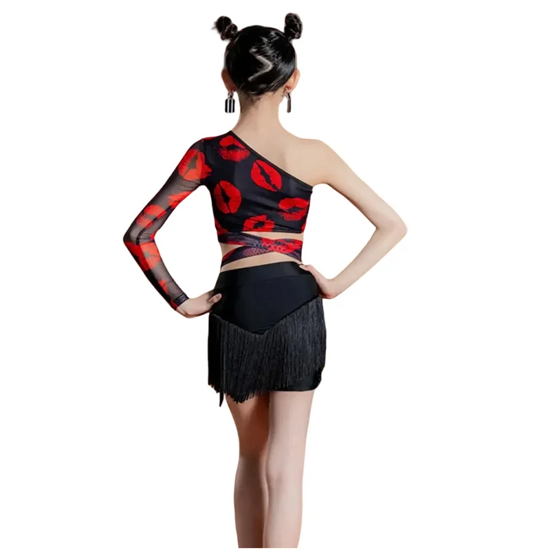 irls Latin Dance Costume Outfit Single Sleeve Tops Tassel Skirt ChaCha Dancing Clothes Children Samba Tango Practice Wear