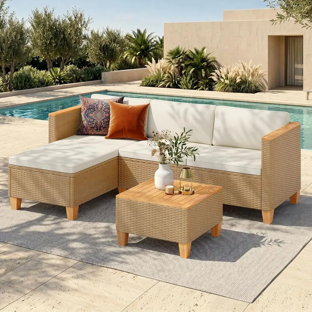 

3-Piece Wicker Outdoor Sectional Set, Yellow Rattan Patio Furniture with Sofa and Coffee Table for Garden and Backyard, L-Shape