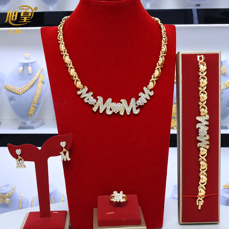 

XUHUANG Luxury 24K Gold Plated Bride Jewellry Sets M Character Crystal Wedding Necklace Earrings Bracelet Ring Set Party Gifts