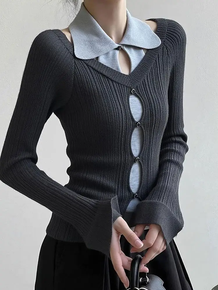 ZONHEMEN 2026 Autumn New Grey Faux Two-Piece Knitted Sweater Women High Street Unique Design Waist-Cinching Slim Fit Elegant Top