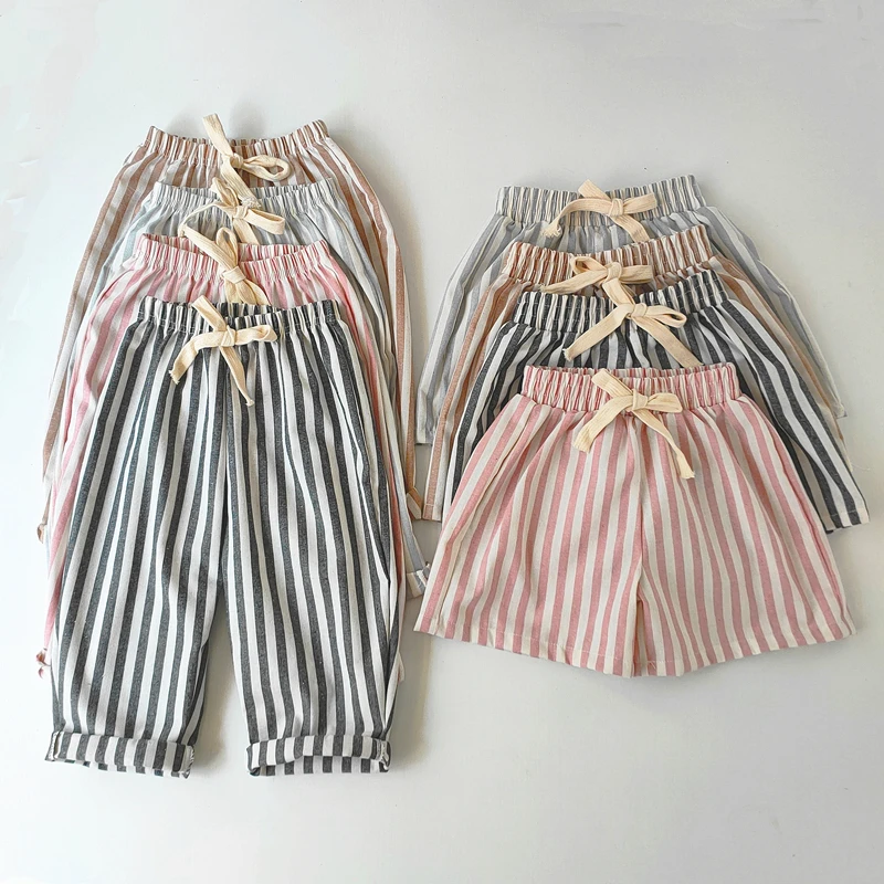 Children's Clothing Vintage Linen Cotton Stripe Pants Baby Boy Girl Casual Shorts Spring Summer Girls Loose Trousers and Shorts