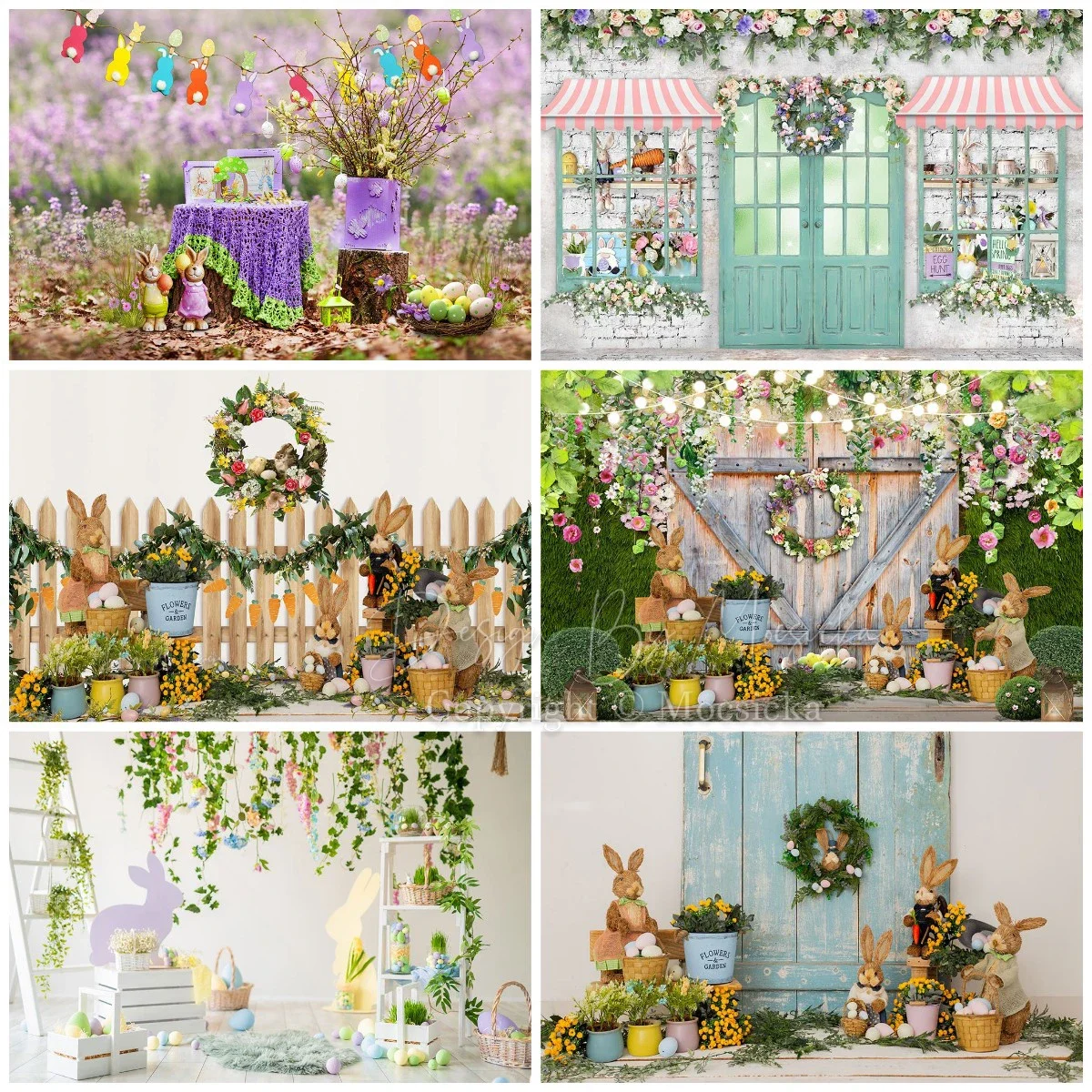 Spring Easter Realistic Photography Backdrop Eggs Bunny Flowers Banner Wooden Doors Greenery Party Dec Backgrounds Studio Props