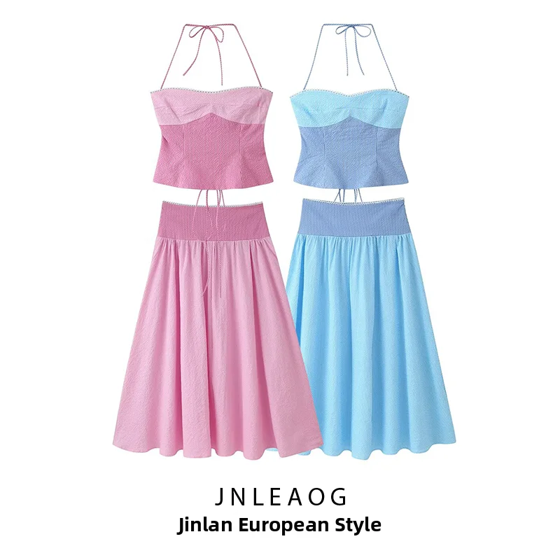 

Fashionable JNLEAOG Summer New Women's Tie Neck Color Block Top And Half Skirt Set Stylish European Style Two-Piece Suit