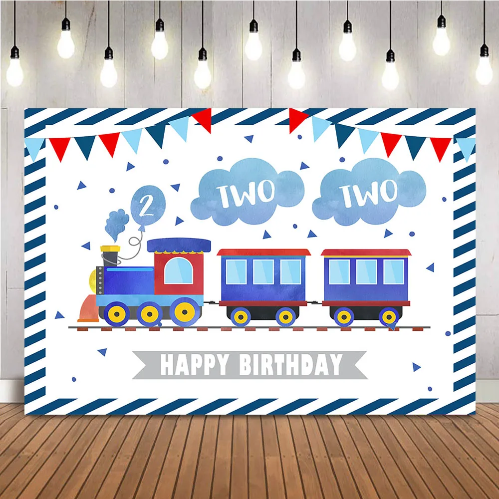 Happy 2nd Birthday Photography Background Blue Red Train for Boy Chugga Chugga Two Two Blue Sky White Clouds Plane Backdrop