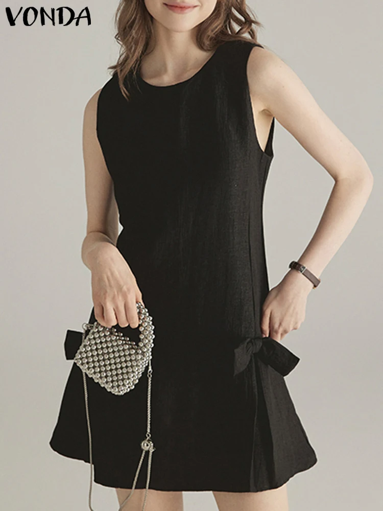 VONDA-vestido sin mangas de verano para mujer, Vestidos de noche elegantes sin mangas, informal, holgado, con lazo, Color sólido, de gran tamaño, 2025