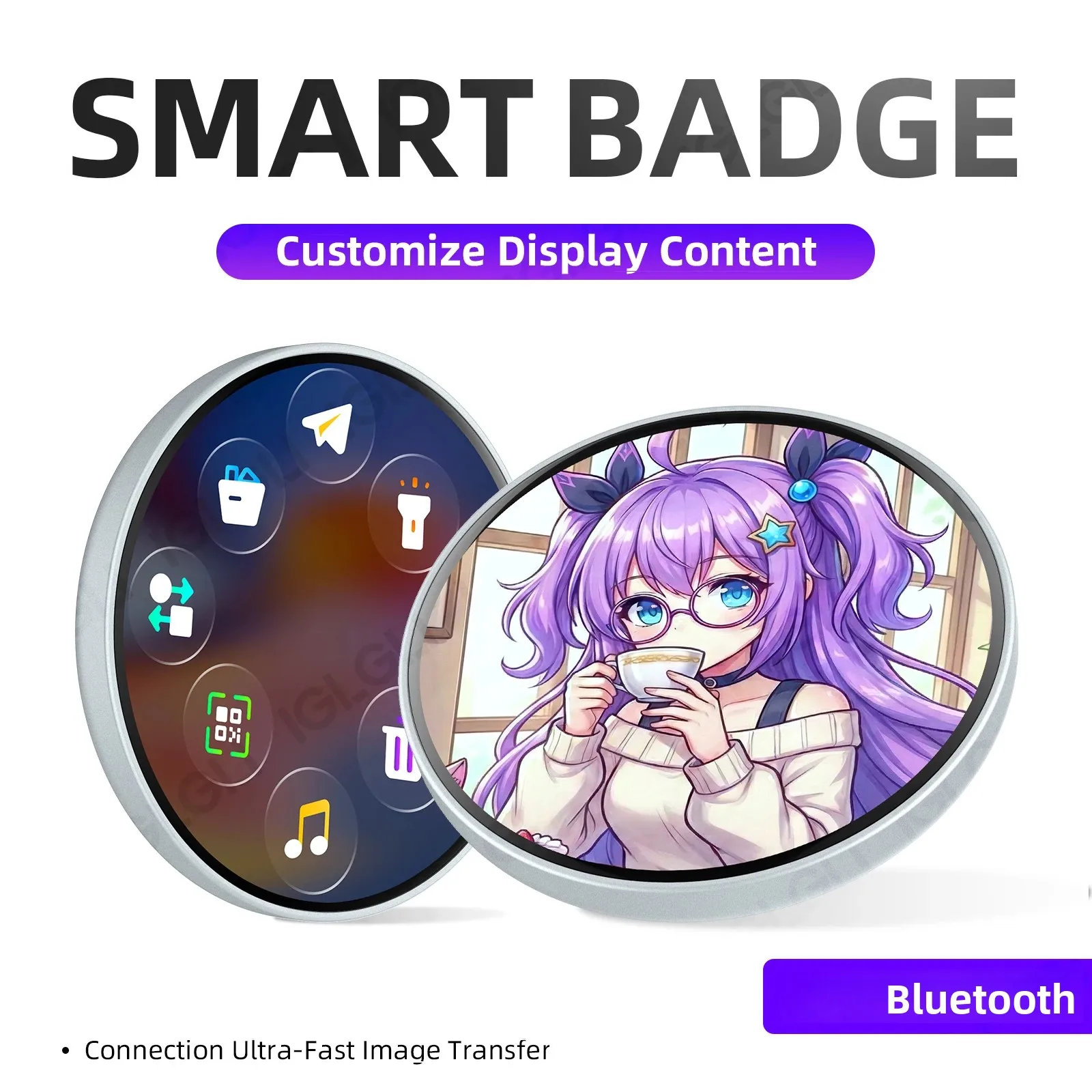 Anime Bluetooth Digital Badge 1.85 Inch Touch Screen LED DIY Photo Video Playback Game Peripheral Creative Birthday Gift