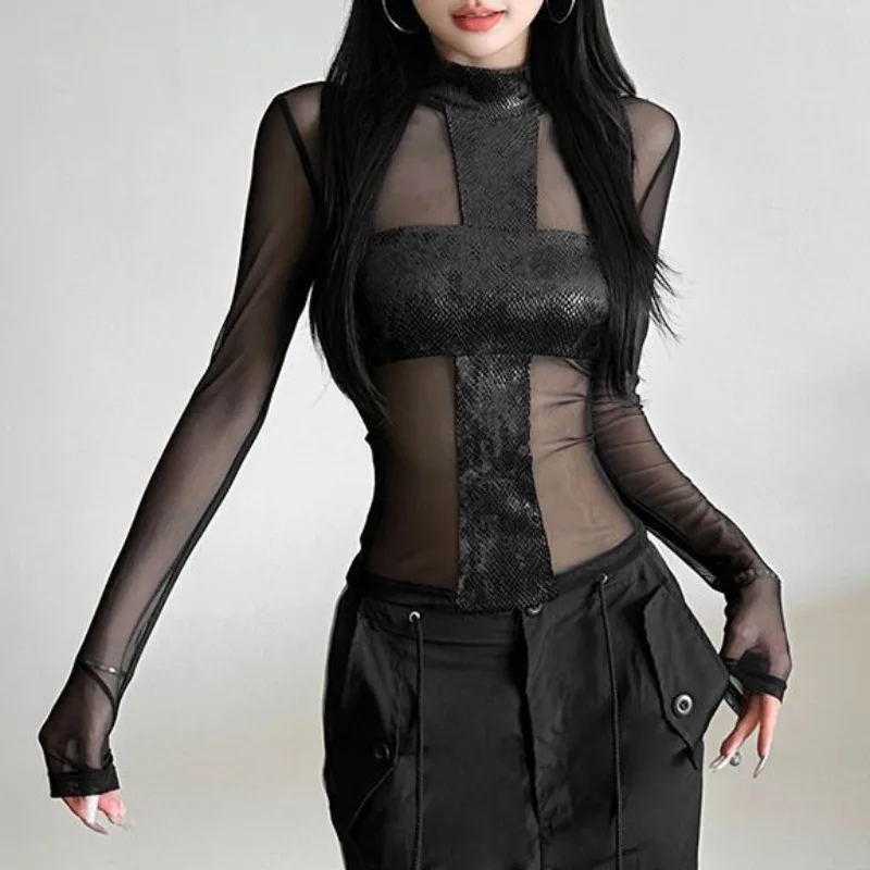 American Style Mesh Long Sleeved Bodysuit T-shirt Female Off Shoulder Sexy Chest Low Cut One Piece Tops Serpentine Cross T-shirt