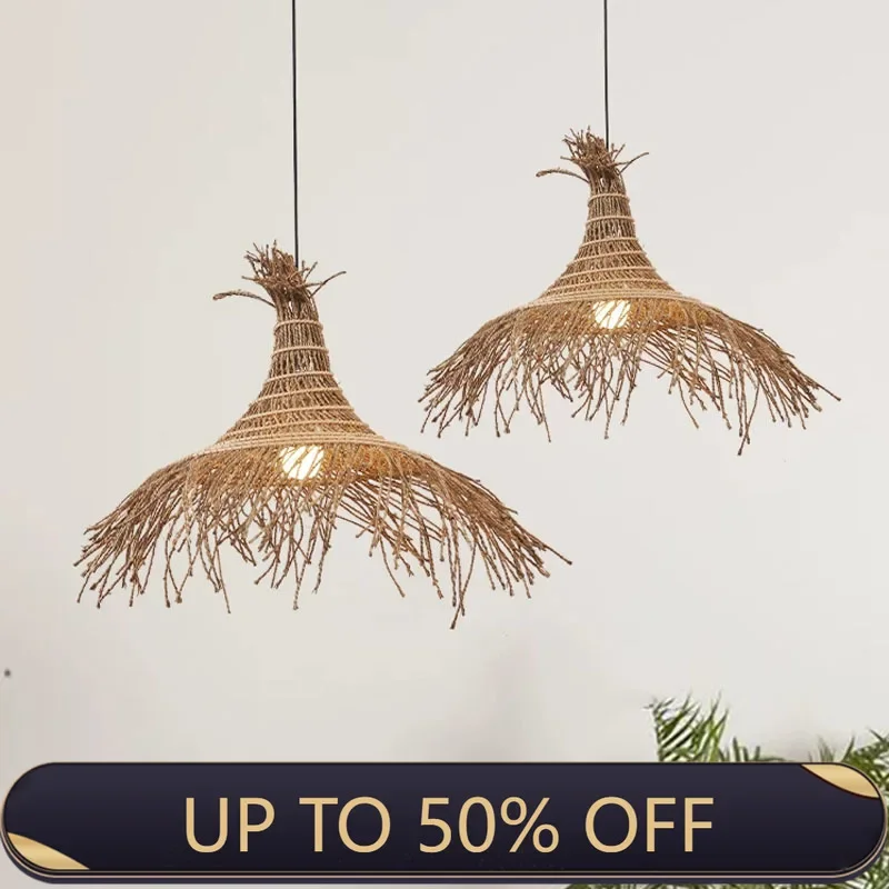 Wabi Sabi Rattan Weaving Straw Hat Chandelier Nordic Retro Living Dining Room Pendant Lights Restaurant Bar Hanging Lamp Fixture