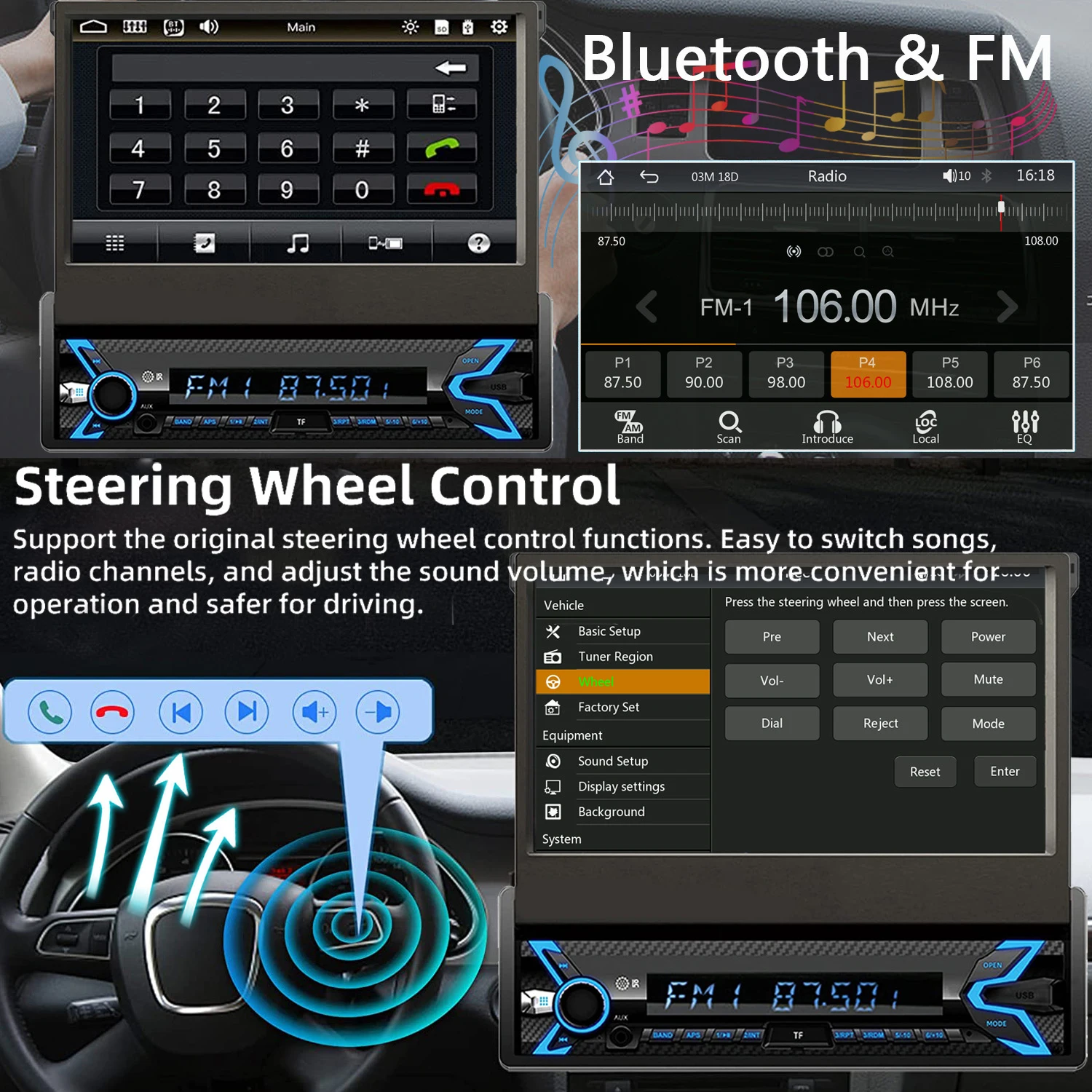 7 Inch Retractable Car Radio Stereo 1 Din HD Touch Screen Car Video Player with Dash Cam & Backup Camera Navigation AUX/FM/USB