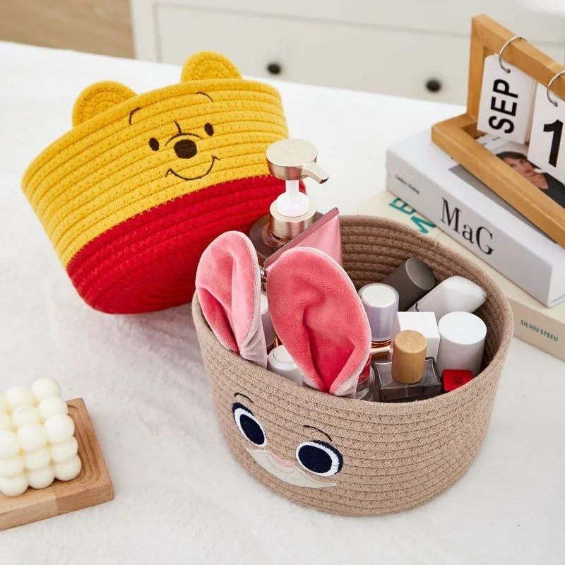 MINISO Disney Stitch Organizer Basket Kawaii PoohBear Wear-Resistant Woven Storage Basket Cartoon Alien Portable Organizer Boxes