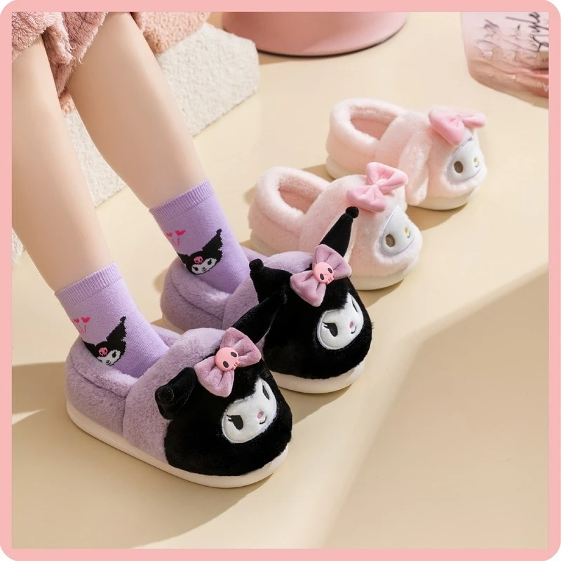 

Kids' Slippers House Shoes Kuromi Cartoon Winter Shoes For Girls Wrapped heel Warm Anti-slip Pruple Black Shoes Size 28-41