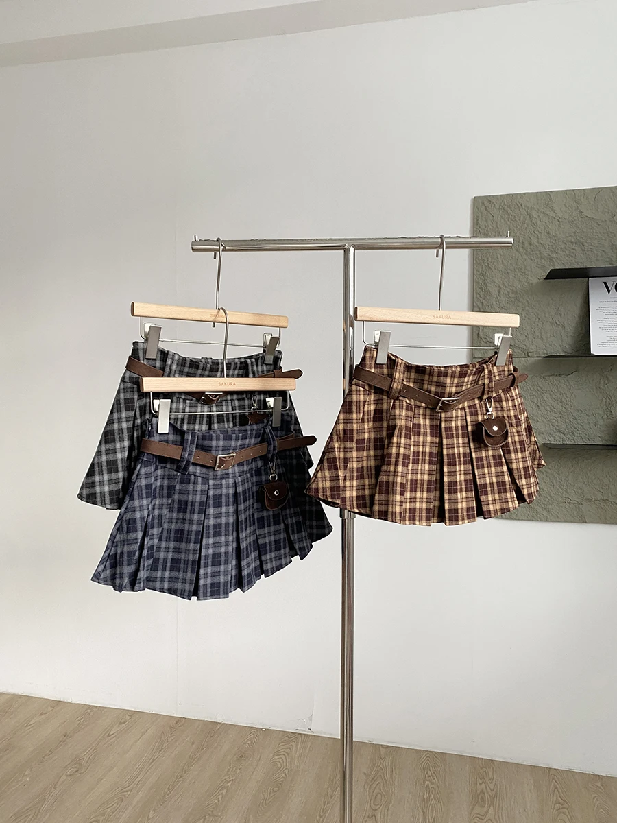 Damska spódnica mini z wysokim stanem na jesień i zimę, z mieszanki wełny, plisowana, w stylu streetwear, vintage, w kratę, krótki fason A-line.
