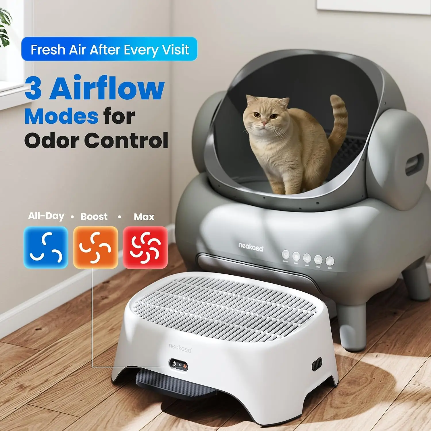 Neakasa Airstep 2 в 1: очиститель воздуха для кошачьего туалета с 3 режимами работы, контролем запаха, пыли и шерсти животных, совместимый со всеми туалетами для кошек.
