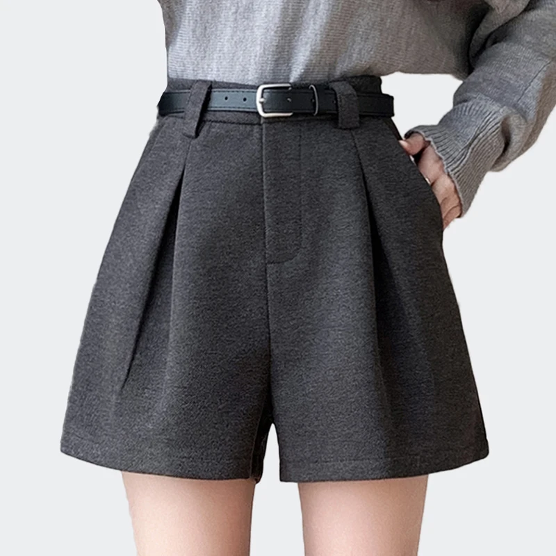 2025年秋冬向け レディース ウール ショートパンツ ハイウエスト プリーツ Aライン ゆったり カジュアル 厚手 ブーツパンツ 快適なショートパンツ