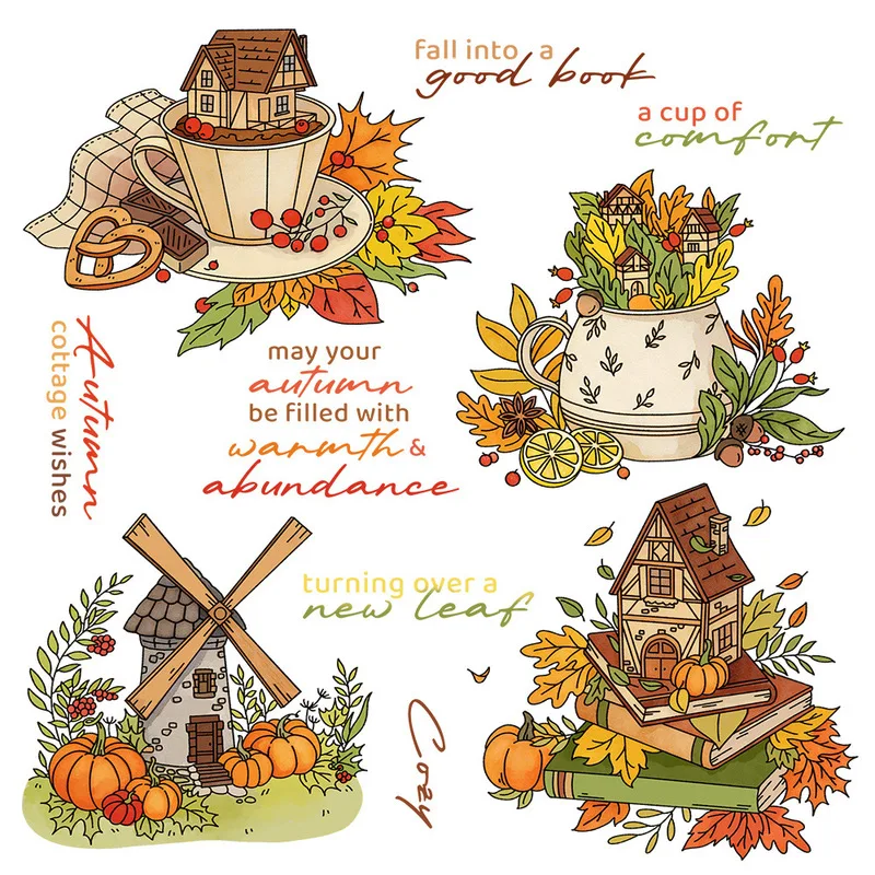 Cozy Autumn Cottage Windmill Coffee Cup Pumpkin Maple Leaf Clear Stamp Metal Cutting Dies Set Stencil DIY Scrapbooking Card Mold
