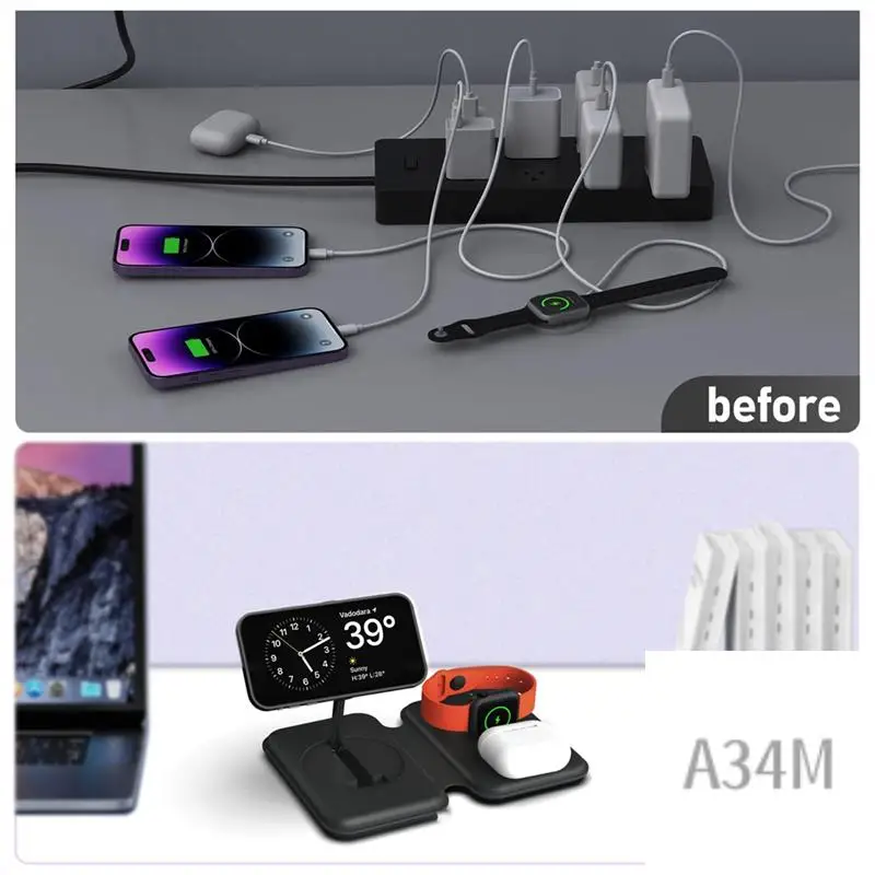 A34M-자기 3 In 1 무선 충전기 Tand 접이식 고속 충전 스테이션 독 Iphone/시계/흰색 내구성이 뛰어나고 사용하기 쉽습니다.