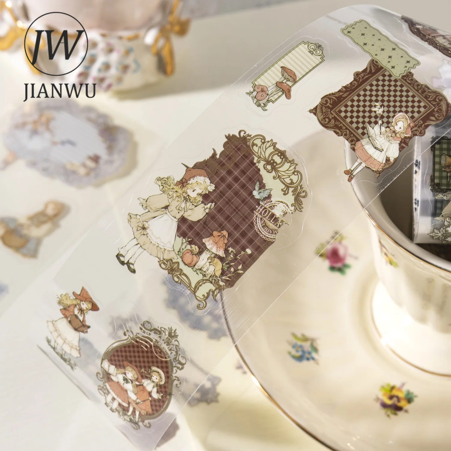 JIANWU 55mm*200cm Cute Fairy Tale Girl Character Label Landscape Material Collage Scrapbooking PET Tape Journal Stationery