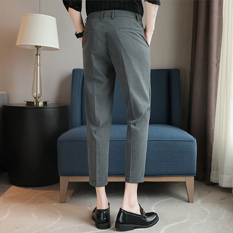 2023 New 3 Colors Waist Elastic Casual Embroidered Cropped Pants with Vertical Suit Pants, Baggy Pants  (Nine-Point and Shorts)