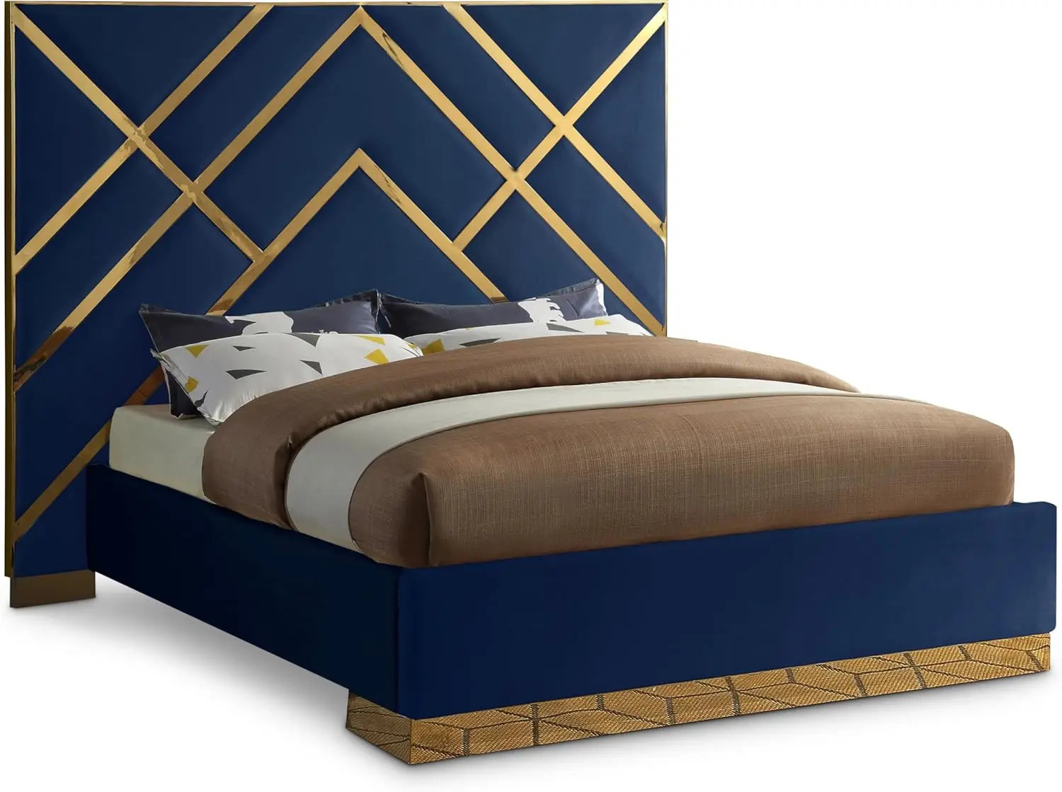 Meridian Furniture Vectornavy-K Vector Collection Modern | Contemporary Velvet Upholstered Bed, Custom Gold Metal Base And