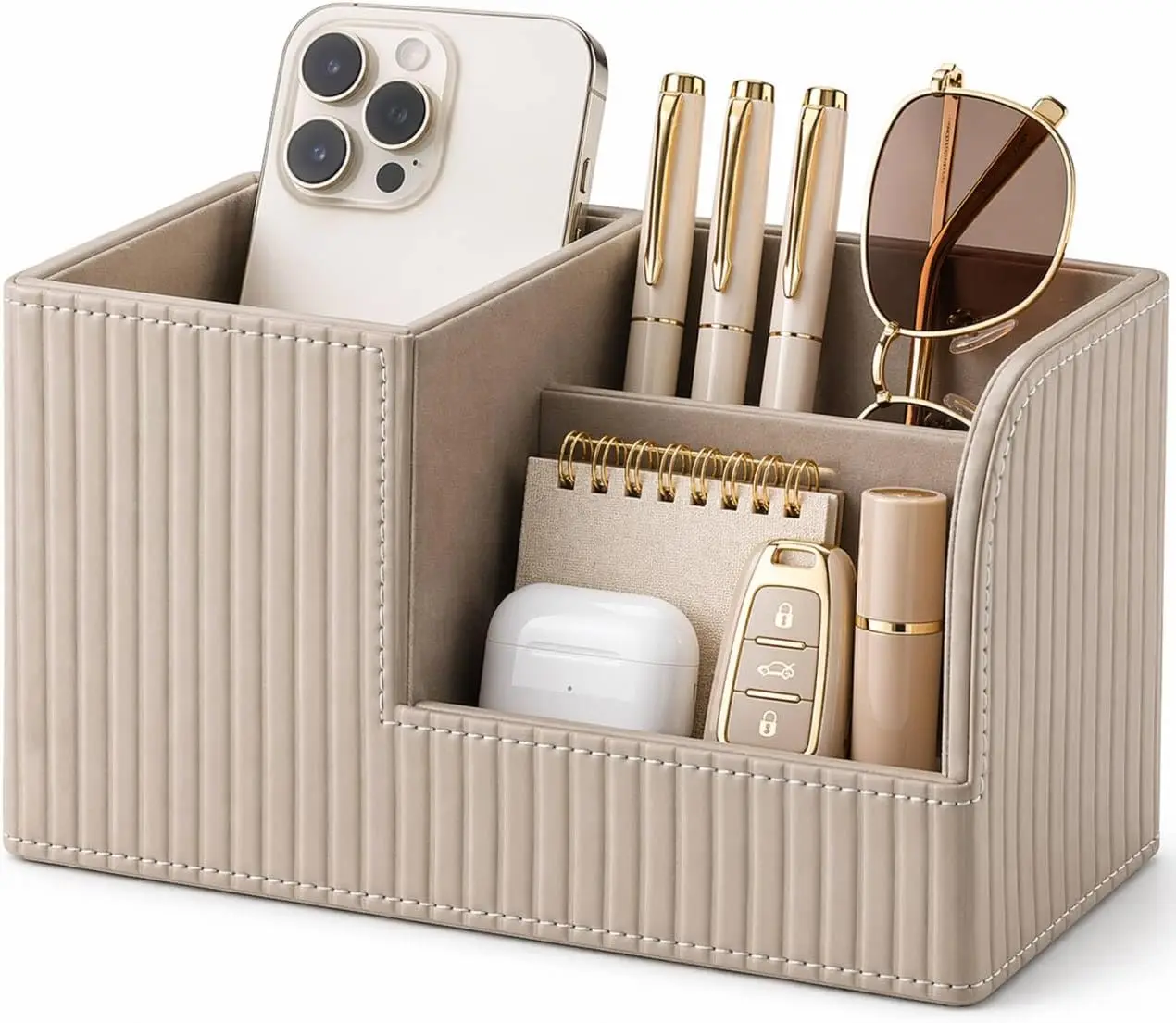 Desk Pen Organizer Office Supplies Caddy Pu Leather Multi-function Storage Box Pen/Pencil,Cell phone, Business Name Cards Remote