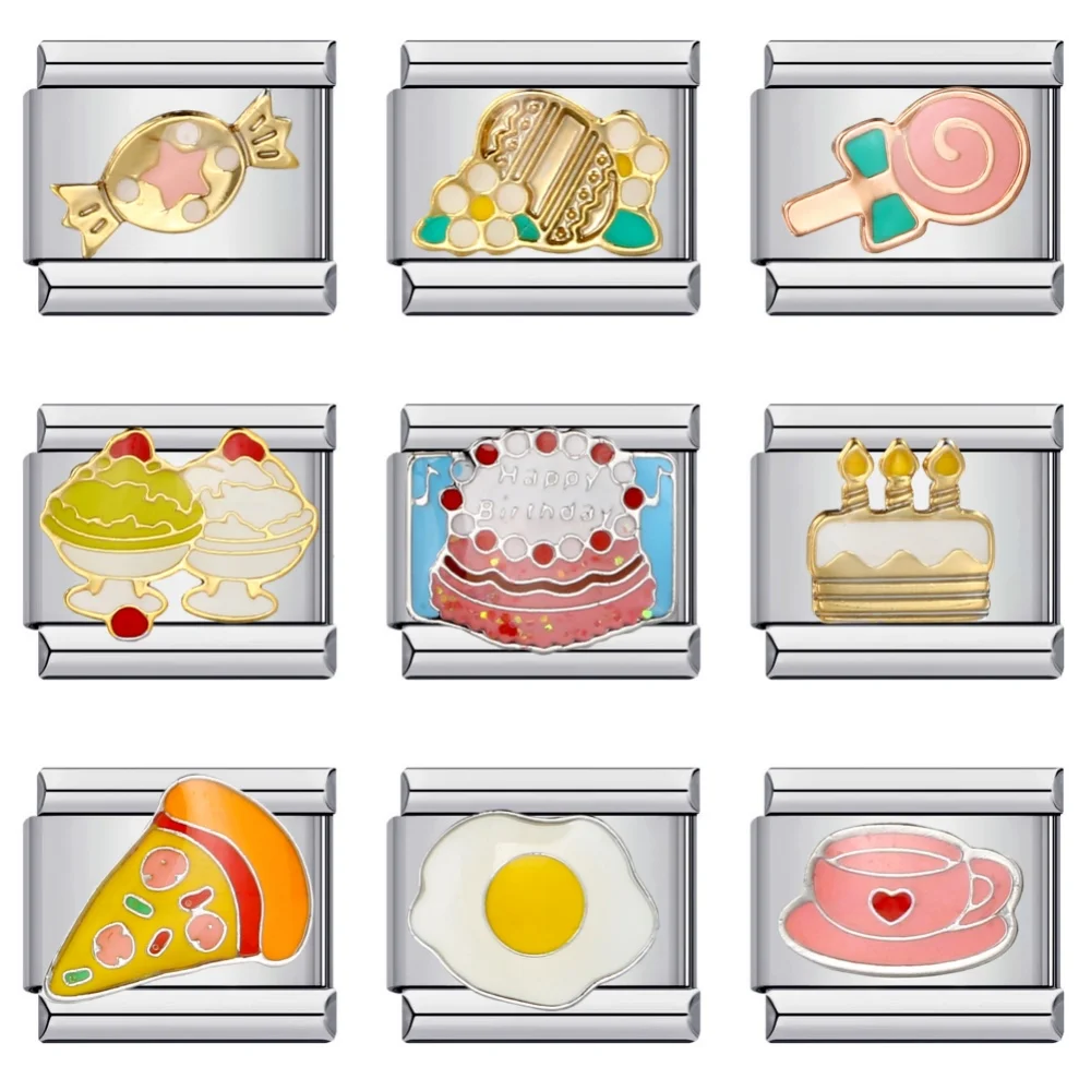 Esmalte Y2k para pastel, café, Pizza, patatas fritas, dulces, huevos de Hamburgo, eslabones esmaltados, aptos para pulsera de 9mm, fabricación de joyería de acero inoxidable