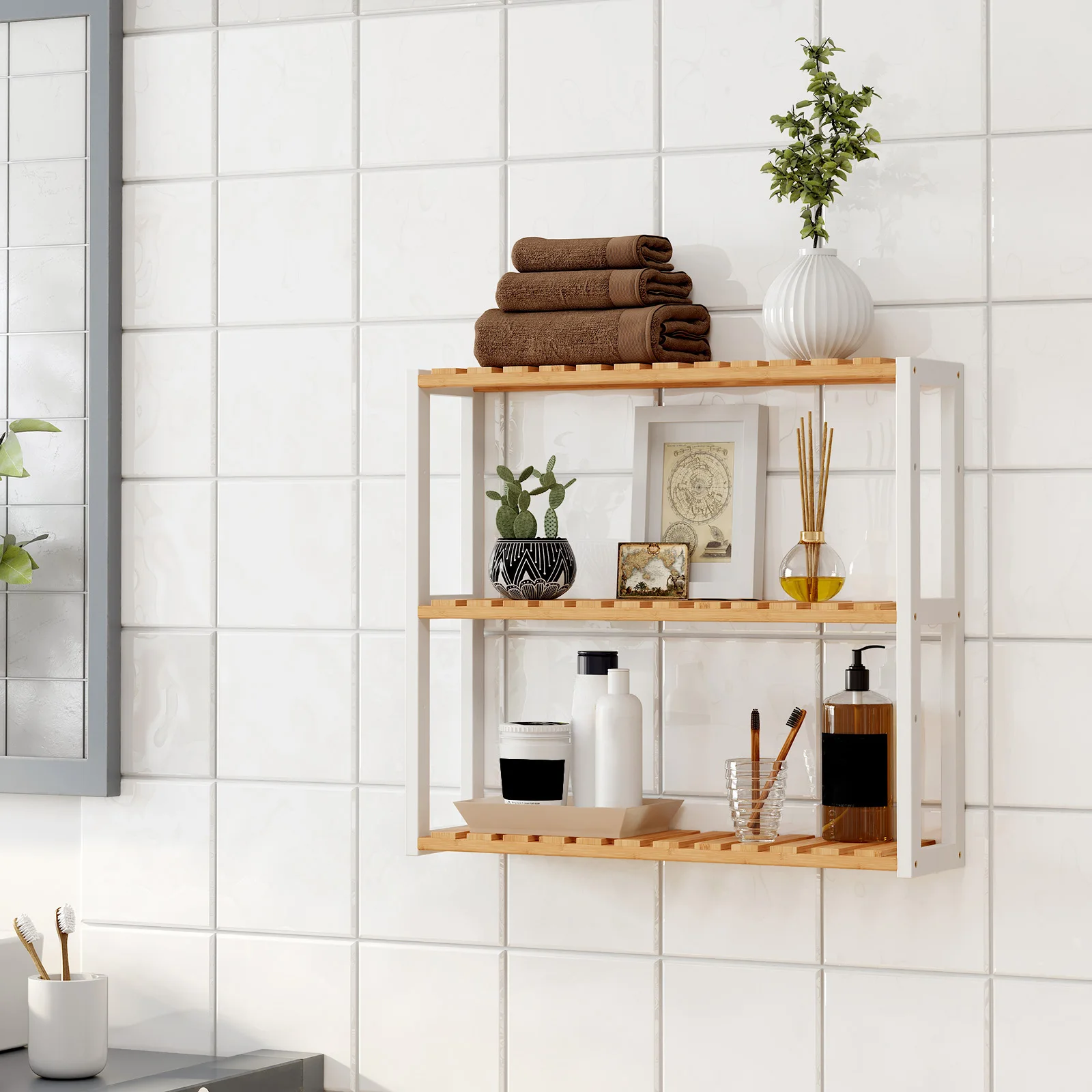 SONGMICS Bamboo Bathroom Shelf, 3-Tier Adjustable Plants Rack, Wall-Mounted or Stand, in the Living Room, Balcony, Kitchen