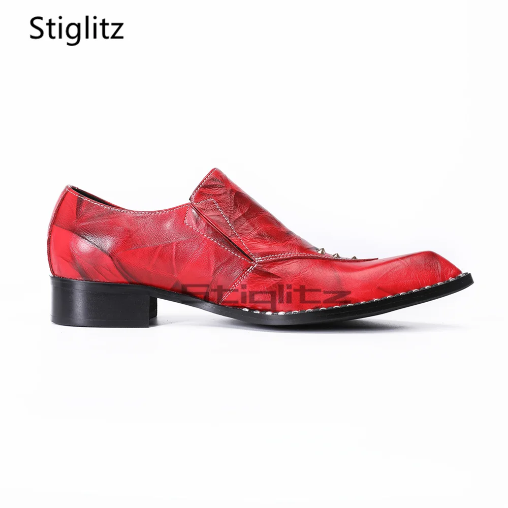 Men's Red Genuine Leather Wedding Shoes British Style Rivet Low Heel Slip On Party Business Dress Loafers for Bridegroom